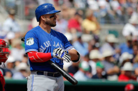 Mar 14, 2017; Fort Myers, FL, USA; Toronto Blue Jays designated hitter Steve Pearce (28) at bat against the Boston Red Sox at JetBlue Park. Mandatory Credit: Kim Klement-USA TODAY Sports