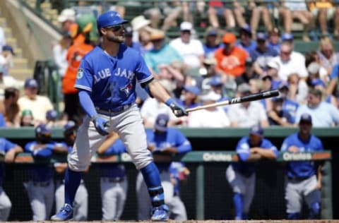 Mar 21, 2017; Sarasota, FL, USA; Toronto Blue Jays center fielder Kevin Pillar (11) at bat against the Baltimore Orioles at Ed Smith Stadium. Mandatory Credit: Kim Klement-USA TODAY Sports