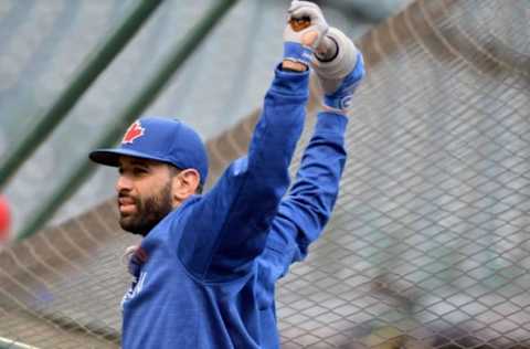 Oct 13, 2016; Cleveland, OH, USA; Toronto Blue Jays right fielder Jose Bautista works out one day prior to game one of the ALCS at Progressive Field. Mandatory Credit: Ken Blaze-USA TODAY Sports