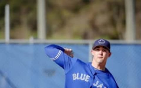 Feb 17, 2017; Dunedin, FL, USA; Toronto Blue Jays starting pitcher Aaron Sanchez (41) throws in the bullpen during spring training during spring training at Cecil P. Englebert Recreation Complex. Mandatory Credit: Kim Klement-USA TODAY Sports