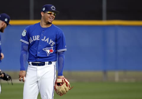 Feb 15, 2017; Dunedin, FL, USA; Toronto Blue Jays relief pitcher Roberto Osuna (54) smiles as he works out at Cecil P. Englebert Recreation Complex. Mandatory Credit: Kim Klement-USA TODAY Sports