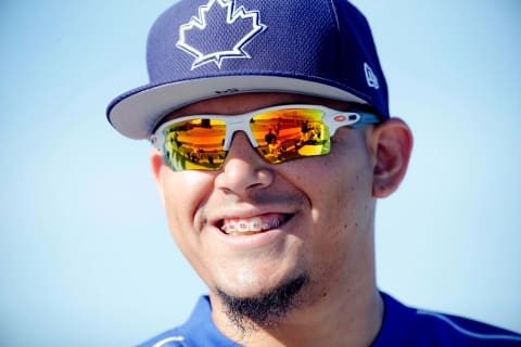 Feb 17, 2017; Dunedin, FL, USA; Toronto Blue Jays relief pitcher Roberto Osuna (54) smiles at Cecil P. Englebert Recreation Complex. Mandatory Credit: Kim Klement-USA TODAY Sports