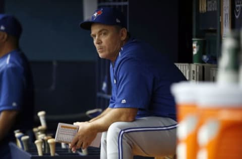 Apr 9, 2017; St. Petersburg, FL, USA; Toronto Blue Jays manager John Gibbons (5) looks on from the dugout against the Tampa Bay Rays at Tropicana Field. Mandatory Credit: Kim Klement-USA TODAY Sports