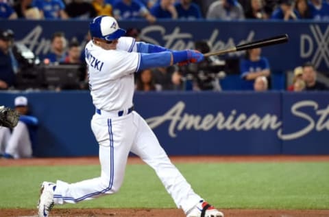 Apr 11, 2017; Toronto, Ontario, CAN; Toronto Blue Jays shortstop Troy Tulowitzki (2) hits a double to score a run against Milwaukee Brewers in the first inning at Rogers Centre. Mandatory Credit: Dan Hamilton-USA TODAY Sports