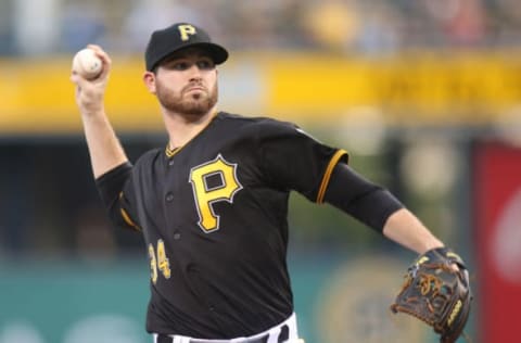 Sep 10, 2016; Pittsburgh, PA, USA; Pittsburgh Pirates starting pitcher Drew Hutchison (34) delivers a pitch against the Cincinnati Reds during the first inning at PNC Park. Mandatory Credit: Charles LeClaire-USA TODAY Sports