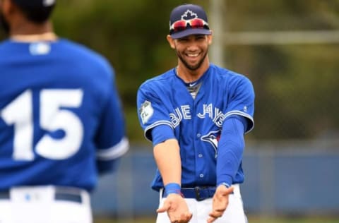 Feb 23, 2017; Dunedin, FL, USA; Toronto Blue Jays infielder Lourdes Gurriel (13) stretches during the spring training workout at Bobby Mattix Training Center. Mandatory Credit: Jonathan Dyer-USA TODAY Sports