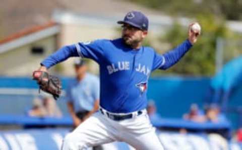 Mar 7, 2017; Dunedin, FL, USA; Toronto Blue Jays pitcher T.J. House (44) throws a pitch during the second inning against Canada during the 2017 World Baseball Classic exhibition game at Florida Auto Exchange Stadium . Mandatory Credit: Kim Klement-USA TODAY Sports