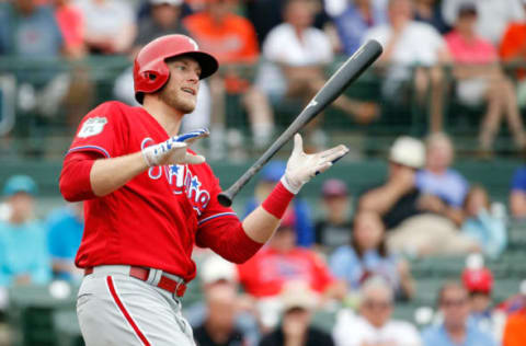 Mar 13, 2017; Sarasota, FL, USA; Philadelphia Phillies right fielder Michael Saunders (5) during the fifth inning against the Baltimore Orioles at Ed Smith Stadium. Mandatory Credit: Kim Klement-USA TODAY Sports