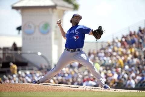 Mar 19, 2017; Bradenton, FL, USA; Toronto Blue Jays starting pitcher Mike Bolsinger (49) throws a pitch during the first inning against the Pittsburgh Pirates at McKechnie Field. Mandatory Credit: Kim Klement-USA TODAY Sports