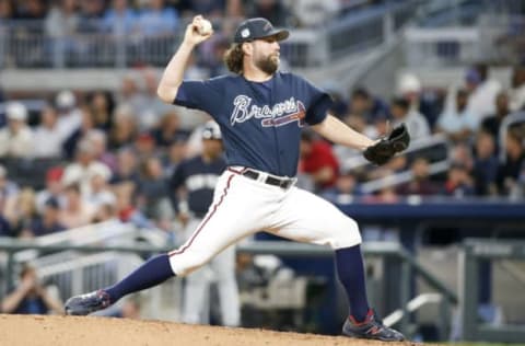 Mar 31, 2017; Atlanta, GA, USA; Atlanta Braves starting pitcher R.A. Dickey (19) throws a pitch against the New York Yankees in the fifth inning at SunTrust Park. Mandatory Credit: Brett Davis-USA TODAY Sports