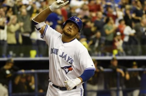 Apr 1, 2017; Montreal, Quebec, CAN; Toronto Blue Jays infielder Rowdy Tellez reacts after hitting a home run in the sixth inning against the Pittsburgh Pirates at Olympic Stadium. Mandatory Credit: Eric Bolte-USA TODAY Sports