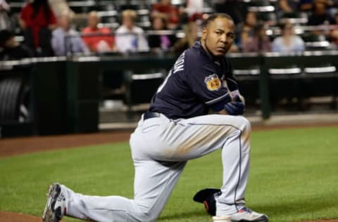 Mar 30, 2017; Phoenix, AZ, USA; Cleveland Indians third baseman Edwin Encarnacion (10) during an exhibition game against the Arizona Diamondbacks at Chase Field. Mandatory Credit: Rick Scuteri-USA TODAY Sports