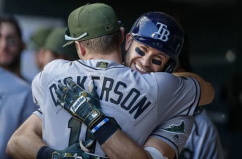 May 28, 2017; Minneapolis, MN, USA; Tampa Bay Rays third baseman Evan Longoria (3) celebrates with designated hitter Corey Dickerson (10) his home run against the Minnesota Twins in the fifteenth inning at Target Field. Mandatory Credit: Bruce Kluckhohn-USA TODAY Sports