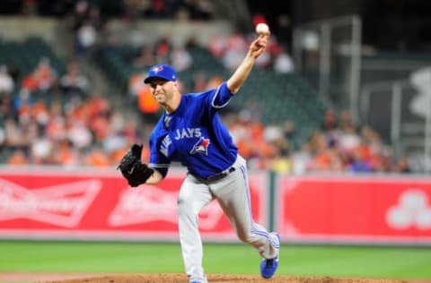 Apr 5, 2017; Baltimore, MD, USA; Toronto Blue Jays pitcher J.A. Happ (33) throws a pitch during the game against the Baltimore Orioles at Oriole Park at Camden Yards. Mandatory Credit: Evan Habeeb-USA TODAY Sports