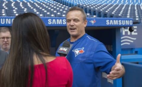 May 28, 2017; Toronto, Ontario, CAN; Toronto Blue Jays manager John Gibbons (5) talks with the media during batting practice before a game against the Texas Rangers at Rogers Centre. Mandatory Credit: Nick Turchiaro-USA TODAY Sports