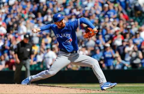 Jun 11, 2017; Seattle, WA, USA; Toronto Blue Jays relief pitcher Danny Barnes (24) throws against the Seattle Mariners during the ninth inning at Safeco Field. Mandatory Credit: Joe Nicholson-USA TODAY Sports