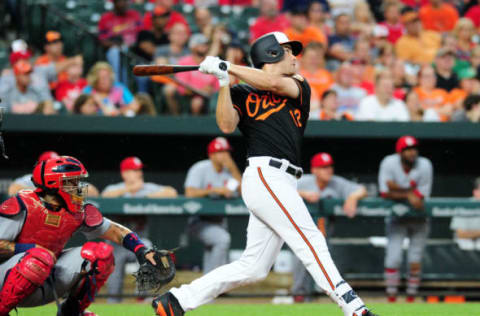 Jun 16, 2017; Baltimore, MD, USA; Baltimore Orioles outfielder Seth Smith (12) doubles in the third inning against the St. Louis Cardinals at Oriole Park at Camden Yards. Mandatory Credit: Evan Habeeb-USA TODAY Sports