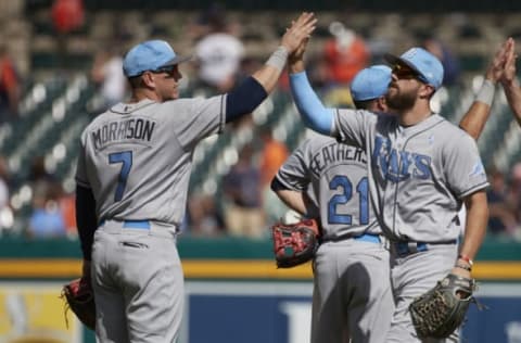 Jun 18, 2017; Detroit, MI, USA; Tampa Bay Rays first baseman Logan Morrison (7) and right fielder Steven Souza Jr. (20) celebrate after defeating the Detroit Tigers at Comerica Park. Mandatory Credit: Rick Osentoski-USA TODAY Sports