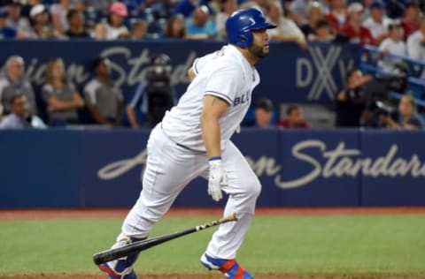 Jun 18, 2017; Toronto, Ontario, CAN; Toronto Blue Jays designated hitter Kendrys Morales (8) during an at bat against Chicago White Sox at Rogers Centre. Morales hit a double and a two run home run in a 7-3 win. Mandatory Credit: Dan Hamilton-USA TODAY Sports