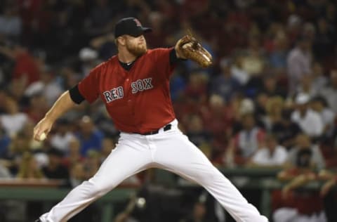 Jun 23, 2017; Boston, MA, USA; Boston Red Sox relief pitcher Blaine Boyer (51) pitches during the ninth inning against the Los Angeles Angels at Fenway Park. Mandatory Credit: Bob DeChiara-USA TODAY Sports