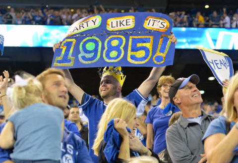 Sep 30, 2014; Kansas City, MO, USA; Kansas City Royals fans celebrate after defeating the Oakland Athletics in the 2014 American League Wild Card playoff baseball game at Kauffman Stadium. The Royals won 9-8. Mandatory Credit: Peter G. Aiken-USA TODAY Sports