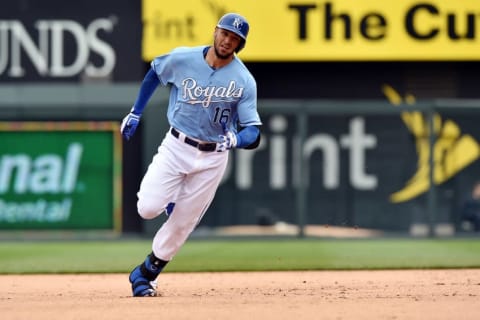 Apr 9, 2015; Kansas City, MO, USA; Kansas City Royals left fielder Paulo Orlando (16) runs the bases after hitting a triple against the Chicago White Sox during the fifth inning at Kauffman Stadium. Mandatory Credit: Peter G. Aiken-USA TODAY Sports