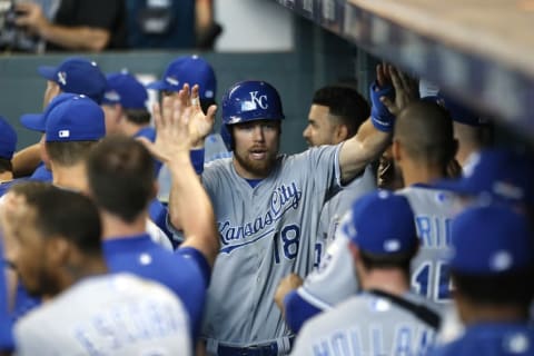 Oct 12, 2015; Houston, TX, USA; Kansas City Royals second baseman Ben Zobrist (18) celebrates in the dugout after scoring against the Houston Astros during the eighth inning in game four of the ALDS at Minute Maid Park. Royals won 9-6. Mandatory Credit: Thomas B. Shea-USA TODAY Sports