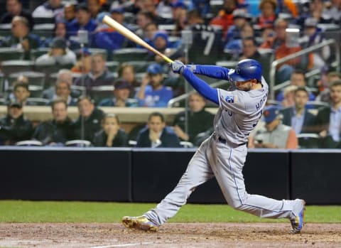 Nov 1, 2015; New York City, NY, USA; Kansas City Royals first baseman Eric Hosmer hits a single against the New York Mets in the 11th inning in game five of the World Series at Citi Field. Mandatory Credit: Brad Penner-USA TODAY Sports