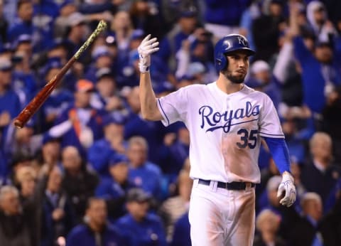 Oct 27, 2015; Kansas City, MO, USA; Kansas City Royals first baseman Eric Hosmer (35) reacts after driving in the winning run with a sacrifice fly against the New York Mets in the 14th inning in game one of the 2015 World Series at Kauffman Stadium. Mandatory Credit: Jeff Curry-USA TODAY Sports