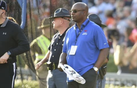 Nov 28, 2015; Auburn, AL, USA; Auburn Tigers former player Bo Jackson looks on from the sidelines during the first quarter against the Alabama Crimson Tide at Jordan Hare Stadium. Mandatory Credit: Shanna Lockwood-USA TODAY Sports