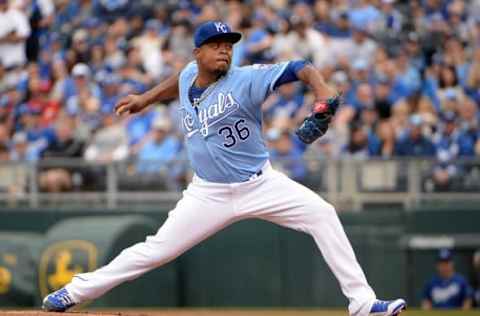 Apr 10, 2016; Kansas City, MO, USA; Kansas City Royals starting pitcher Edinson Volquez (36) delivers a pitch against the Minnesota Twins in the first inning at Kauffman Stadium. Mandatory Credit: John Rieger-USA TODAY Sports