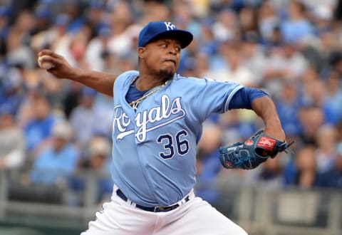 Apr 10, 2016; Kansas City, MO, USA; Kansas City Royals starting pitcher Edinson Volquez (36) delivers a pitch against the Minnesota Twins in the first inning at Kauffman Stadium. Mandatory Credit: John Rieger-USA TODAY Sports