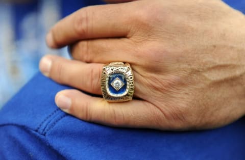 Oct 25, 2014; San Francisco, CA, USA; Detailed view of the 1985 World Series ring of George Brett before game four of the 2014 World Series between the San Francisco Giants and the Kansas City Royals at AT&T Park. Mandatory Credit: Christopher Hanewinckel-USA TODAY Sports