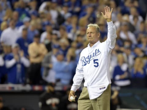 Oct 22, 2014; Kansas City, MO, USA; Kansas City Royals former player George Brett waves to the crowd before throwing out the ceremonial first pitch before game two of the 2014 World Series against the San Francisco Giants at Kauffman Stadium. Mandatory Credit: Christopher Hanewinckel-USA TODAY Sports