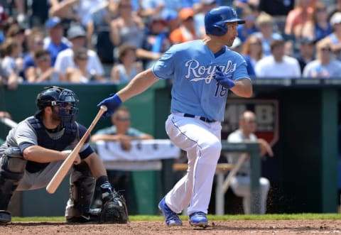 Jul 13, 2014; Kansas City, MO, USA; Kansas City Royals left fielder Raul Ibanez (18) singles to load the bases against the Detroit Tigers during the seventh inning at Kauffman Stadium. Mandatory Credit: Peter G. Aiken-USA TODAY Sports