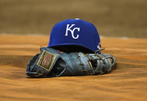 Oct 11, 2015; Houston, TX, USA; General view of the cap and glove of Kansas City Royals first baseman Eric Hosmer (35) before game three of the ALDS against the Houston Astros at Minute Maid Park. Mandatory Credit: Troy Taormina-USA TODAY Sports