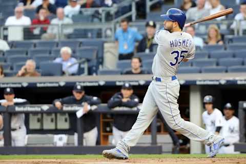 May 12, 2016; Bronx, NY, USA; Kansas City Royals first baseman Eric Hosmer (35) singles to center during the first inning against the New York Yankees at Yankee Stadium. Mandatory Credit: Anthony Gruppuso-USA TODAY Sports