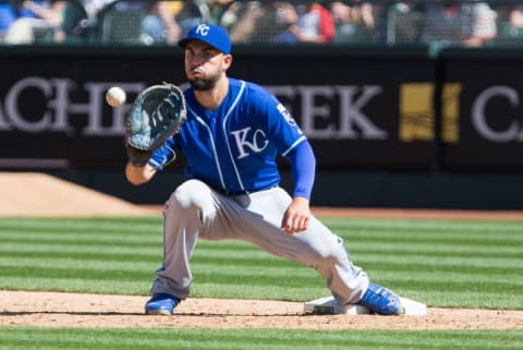 Apr 17, 2016; Oakland, CA, USA; Kansas City Royals first baseman Eric Hosmer (35) catches the ball against the Oakland Athletics during the eighth inning at the Oakland Coliseum. The Athletics won 3-2. Mandatory Credit: Kelley L Cox-USA TODAY Sports