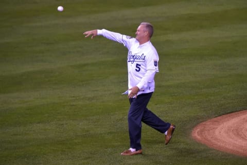 Oct 27, 2015; Kansas City, MO, USA; Kansas City Royals former player George Brett throws out the ceremonial first pitch before game one of the 2015 World Series against the New York Mets at Kauffman Stadium. Mandatory Credit: Denny Medley-USA TODAY Sports