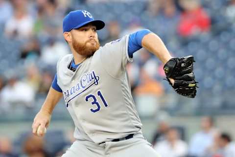 May 12, 2016; Bronx, NY, USA; Kansas City Royals starting pitcher Ian Kennedy (31) pitches during the first inning against the New York Yankees at Yankee Stadium. Mandatory Credit: Anthony Gruppuso-USA TODAY Sports