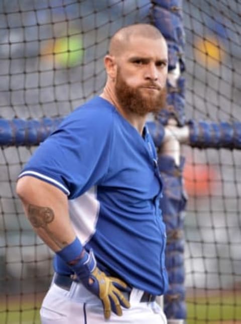 Oct 14, 2015; Kansas City, MO, USA; Kansas City Royals player Jonny Gomes (31) takes batting practice before game five of the ALDS against the Houston Astros at Kauffman Stadium. Mandatory Credit: Denny Medley-USA TODAY Sports