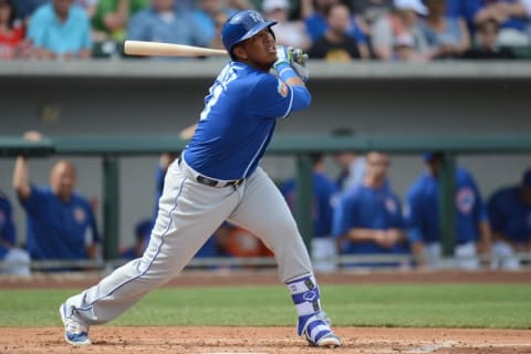 Mar 7, 2016; Mesa, AZ, USA; Kansas City Royals right fielder Jose Martinez (74) swings the bat during the fourth inning against the Chicago Cubs at Sloan Park. Mandatory Credit: Joe Camporeale-USA TODAY Sports