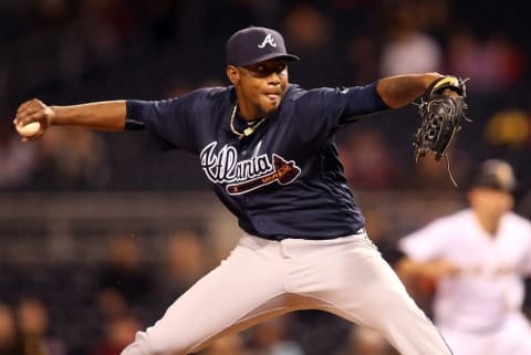 May 18, 2016; Pittsburgh, PA, USA; Atlanta Braves starting pitcher Julio Teheran (49) pitches against the Pittsburgh Pirates during the eighth inning at PNC Park. The Braves won 3-1. Mandatory Credit: Charles LeClaire-USA TODAY Sports