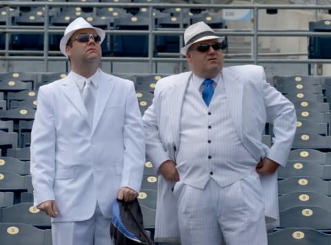 May 15, 2016; Kansas City, MO, USA; Kansas City Royals fans, dressed up for the Dress to the Nines day, watch players on field before the game against the Atlanta Braves at Kauffman Stadium. Mandatory Credit: Denny Medley-USA TODAY Sports