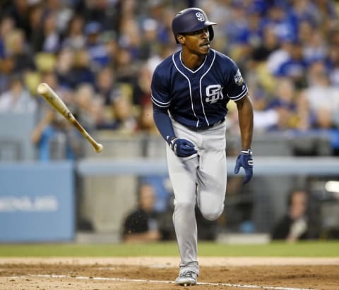 Apr 30, 2016; Los Angeles, CA, USA; San Diego Padres left fielder Melvin Upton Jr. (2) runs after he hits a two-run RBI double during the fifth inning against the Los Angeles Dodgers at Dodger Stadium. Mandatory Credit: Kelvin Kuo-USA TODAY Sports