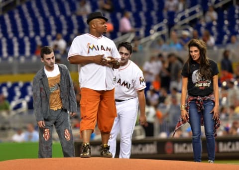 Apr 10, 2015; Miami, FL, USA; T-Dog a fictional character from the television series the walking dead throws out the first pitch prior to the game between the Tampa Bay Rays and the Miami Marlins at Marlins Park. Mandatory Credit: Steve Mitchell-USA TODAY Sports