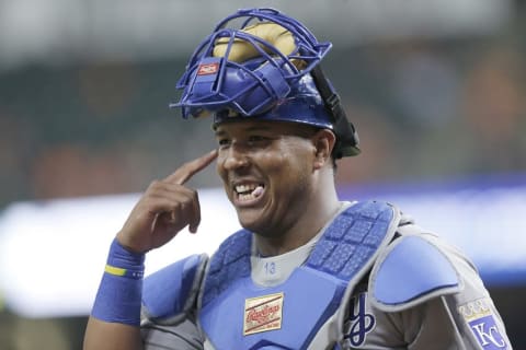 Apr 14, 2016; Houston, TX, USA; Kansas City Royals catcher Salvador Perez (13) smiles after the Houston Astros strike out to end the eighth inning at Minute Maid Park. Mandatory Credit: Thomas B. Shea-USA TODAY Sports