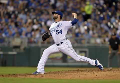 Sep 22, 2015; Kansas City, MO, USA; Kansas City Royals starting pitcher Scott Alexander (54) delivers a pitch in the eighth inning against the Seattle Mariners at Kauffman Stadium. Seattle won 11-2. Mandatory Credit: Denny Medley-USA TODAY Sports