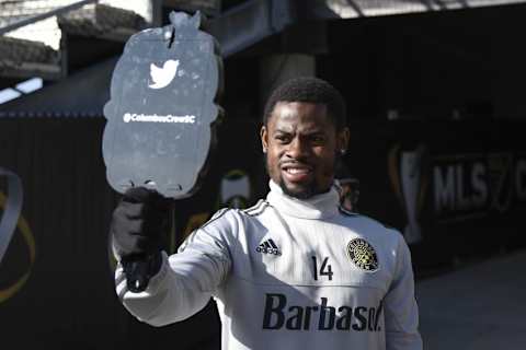 Dec 5, 2015; Columbus, OH, USA; Columbus Crew defender Waylon Francis (14) takes a Twitter selfie during training the day before the MLS Cup championship game at MAPFRE Stadium. Mandatory Credit: Jerry Lai-USA TODAY Sports