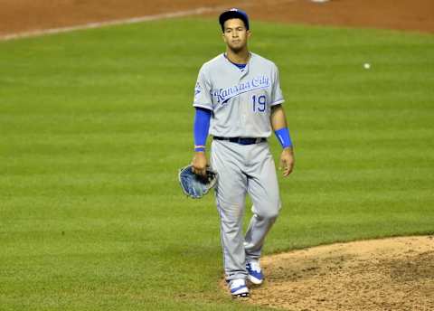 Jun 2, 2016; Cleveland, OH, USA; Kansas City Royals third baseman Cheslor Cuthbert (19) walks off the field after a 5-4 loss to the Cleveland Indians at Progressive Field. Mandatory Credit: David Richard-USA TODAY Sports